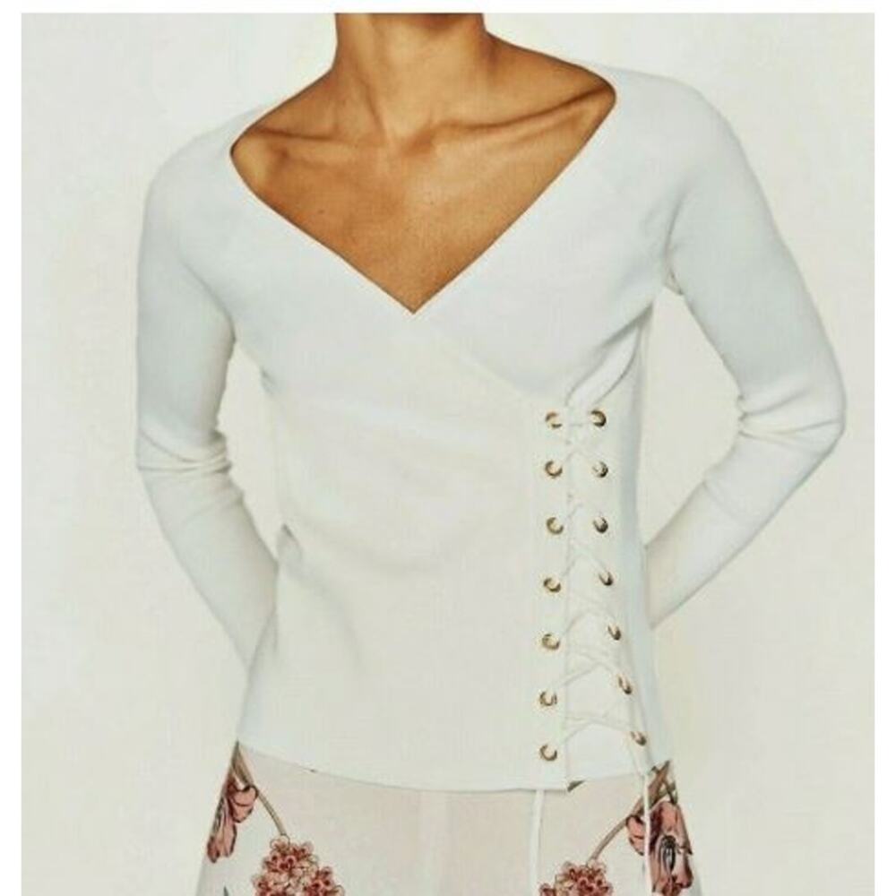 Zara Knit Size Small Ribbed Sweater White Lace Up Detail V Neck Long Sleeve